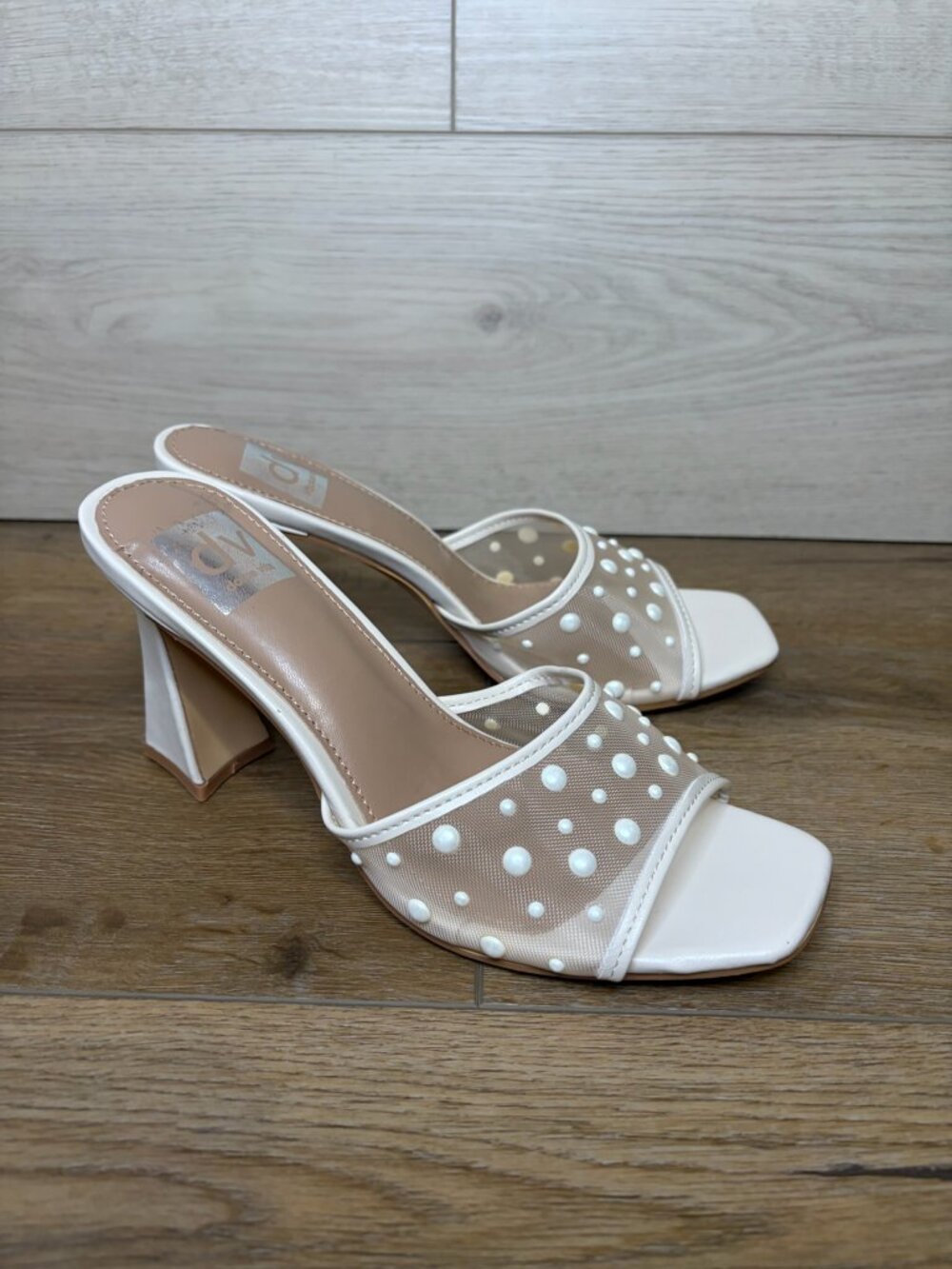 DV by Dolce Vita Cream Mesh Slide Heels with Pearl Studs Size 7